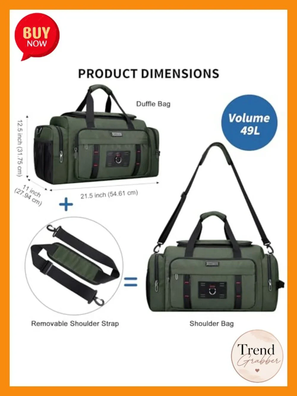 Large 49L Convertible Nylon Travel Duffel Bag with Shoe Compartment and Laptop